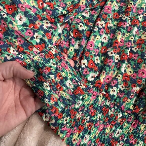 Rachel Zoe Green Floral V-Neck Tassel Tie Boho Peasant Blouse Women's M - Picture 6 of 7